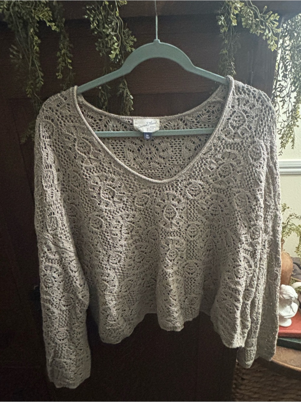 Universal Thread Crochet V-Neck Long Sleeve Top - Taupe